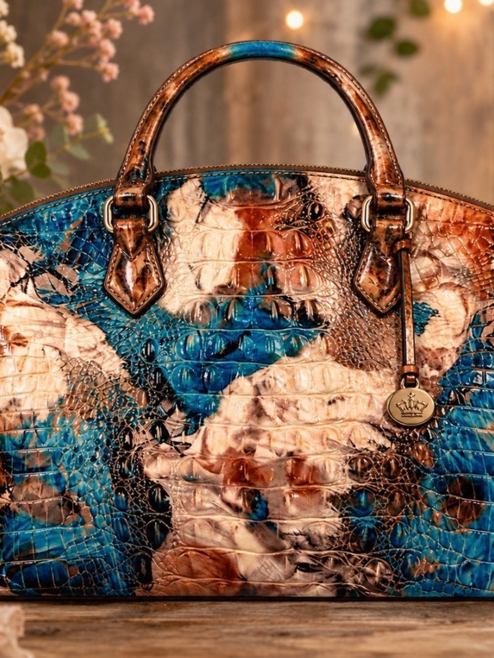 Brahmin Blue, Brown & Cream Croc-Embossed Satchel